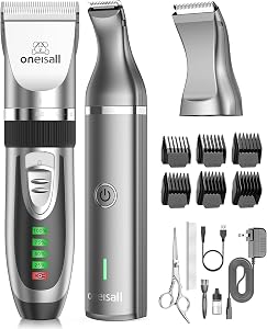 oneisall Dog Clippers and Paw Trimmer Kit for Small Large Dogs Cats | Low Noise,Powerful Motor,Cordless & Long Battery Life,Simple for Beginners,6 Guide Combs,Removable & Rinsable Blade