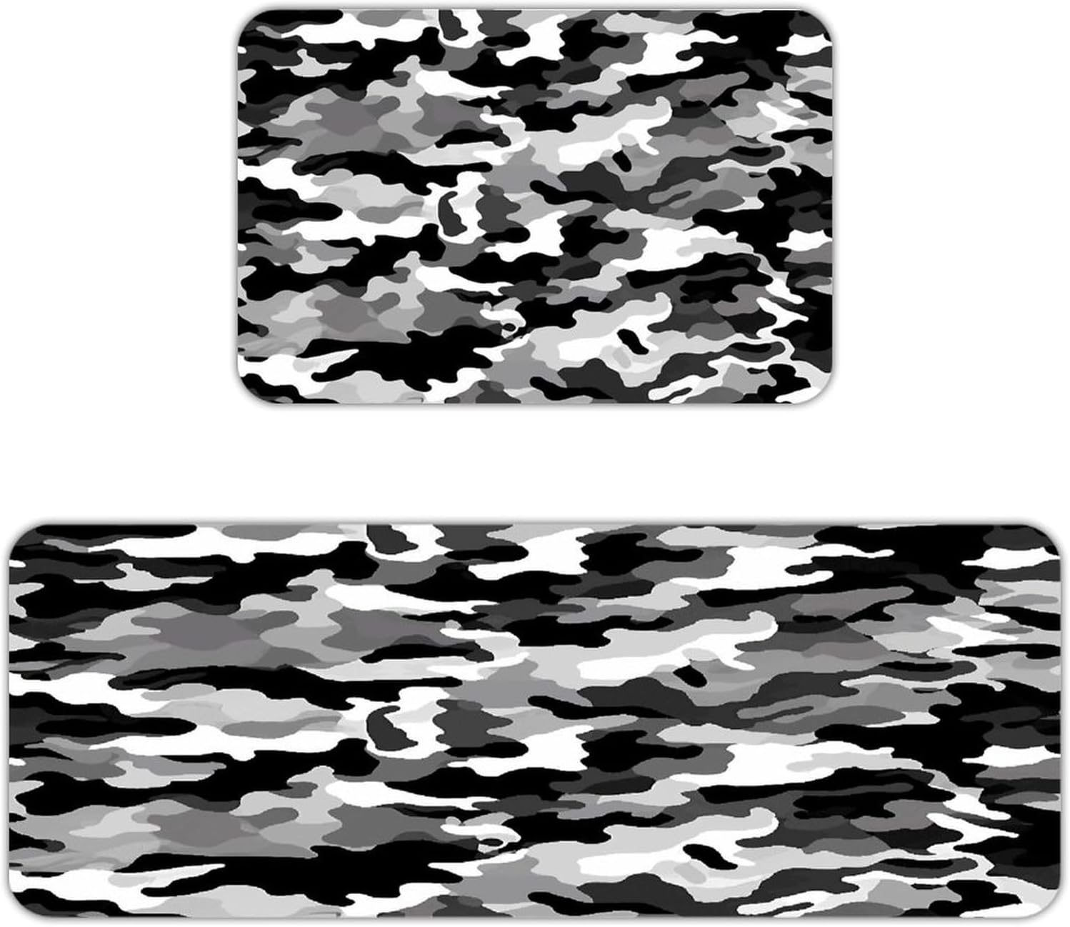 Black Grey White Camo Kitchen Mat Set of 2 Ergonomic Comfort Velvet Rugs Cushioned Anti-Fatigue Non-Slip Standing Mats Thick Kitchen Floor Mat Carpet Runner Rugs 16"×24"+17"×47"