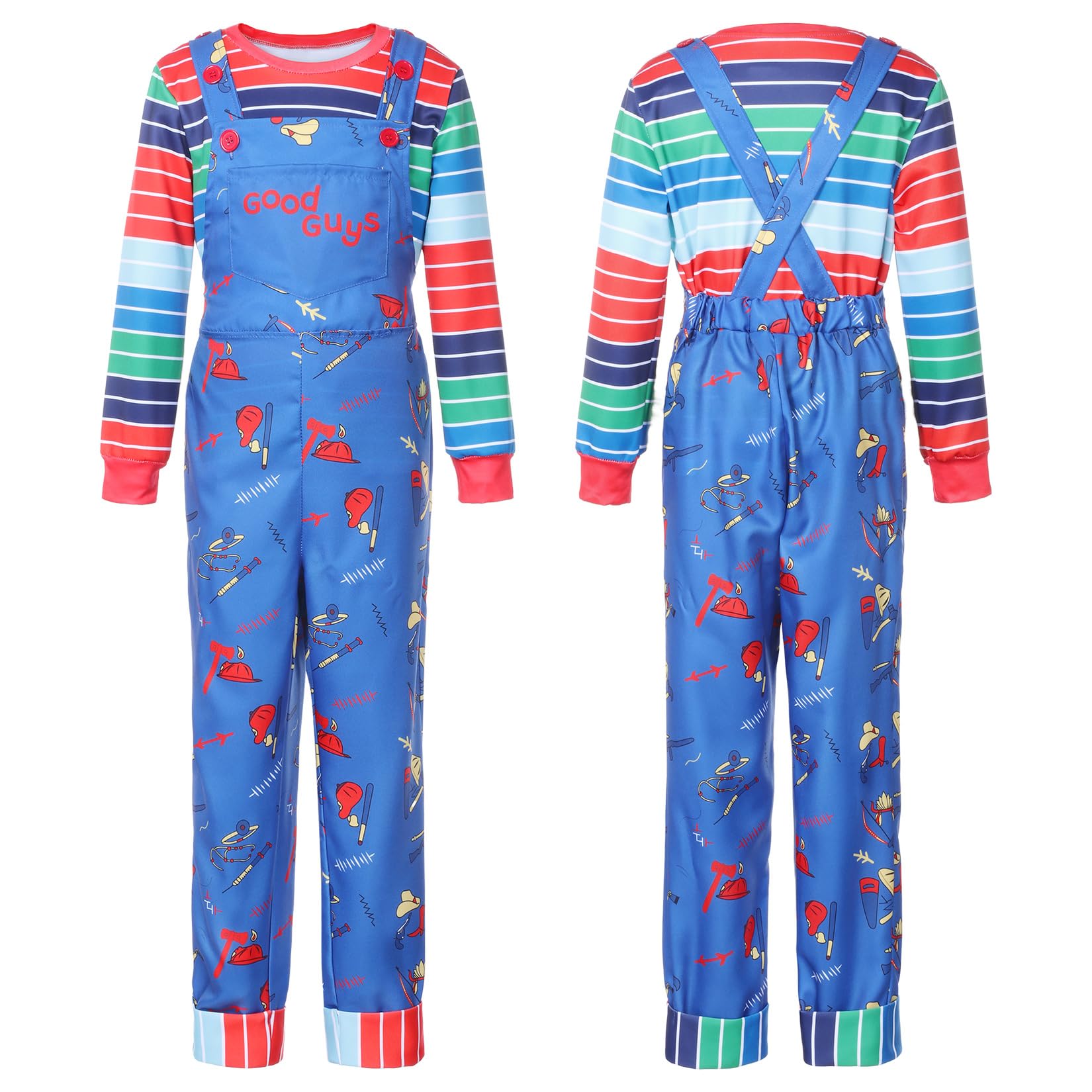 SERTAS Halloween Costumes for Kids,Girls Halloween Costume with Blue Cartoon Jumpsuit Overalls and Striped Shirt and HalloweenKnife for Halloween Party (Set B - Image 2