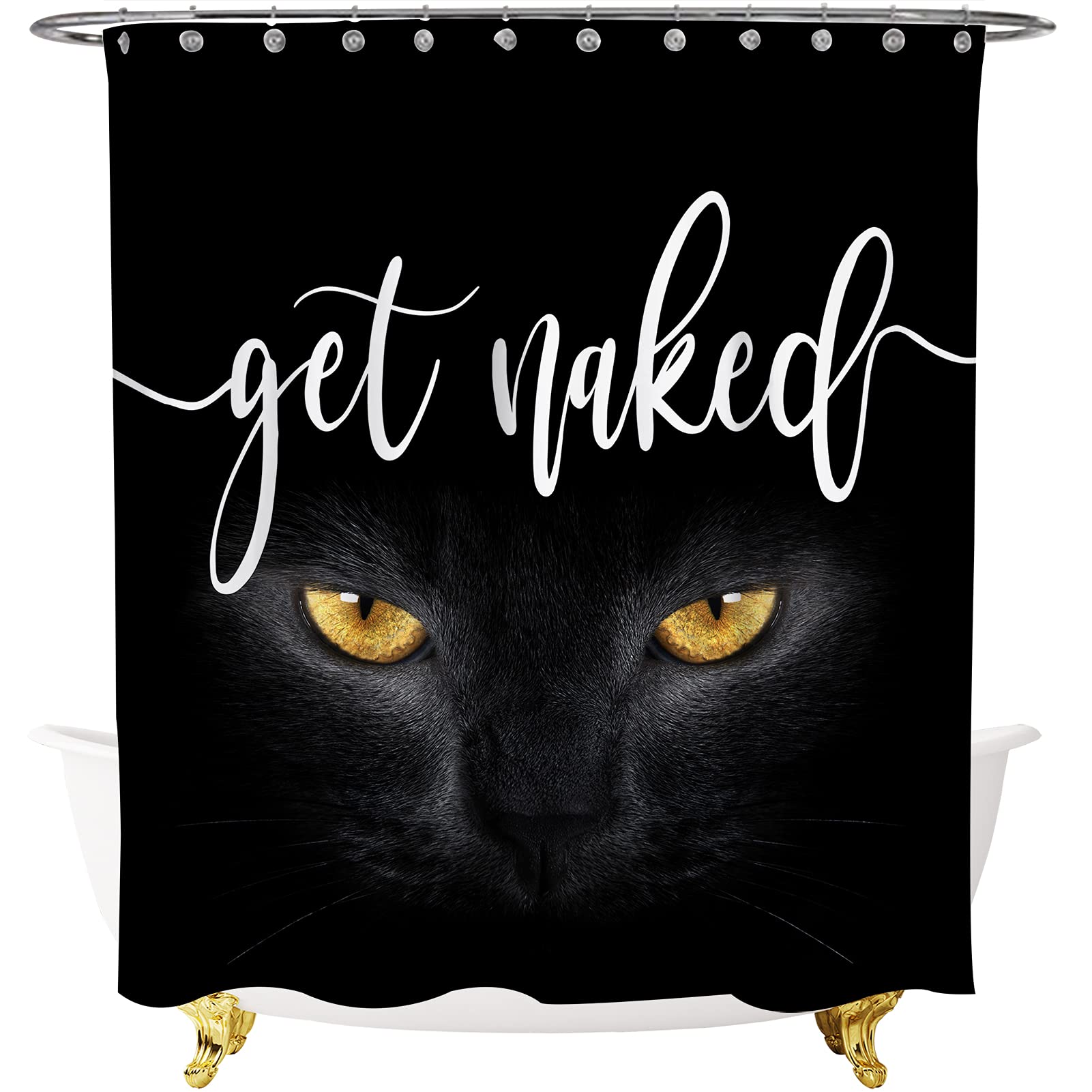 Black Shower Curtain - Funny Cute White Art Font Words Get Naked on Bathroom Curtains, Watching You Cat Eyes,72 by 72 Inches