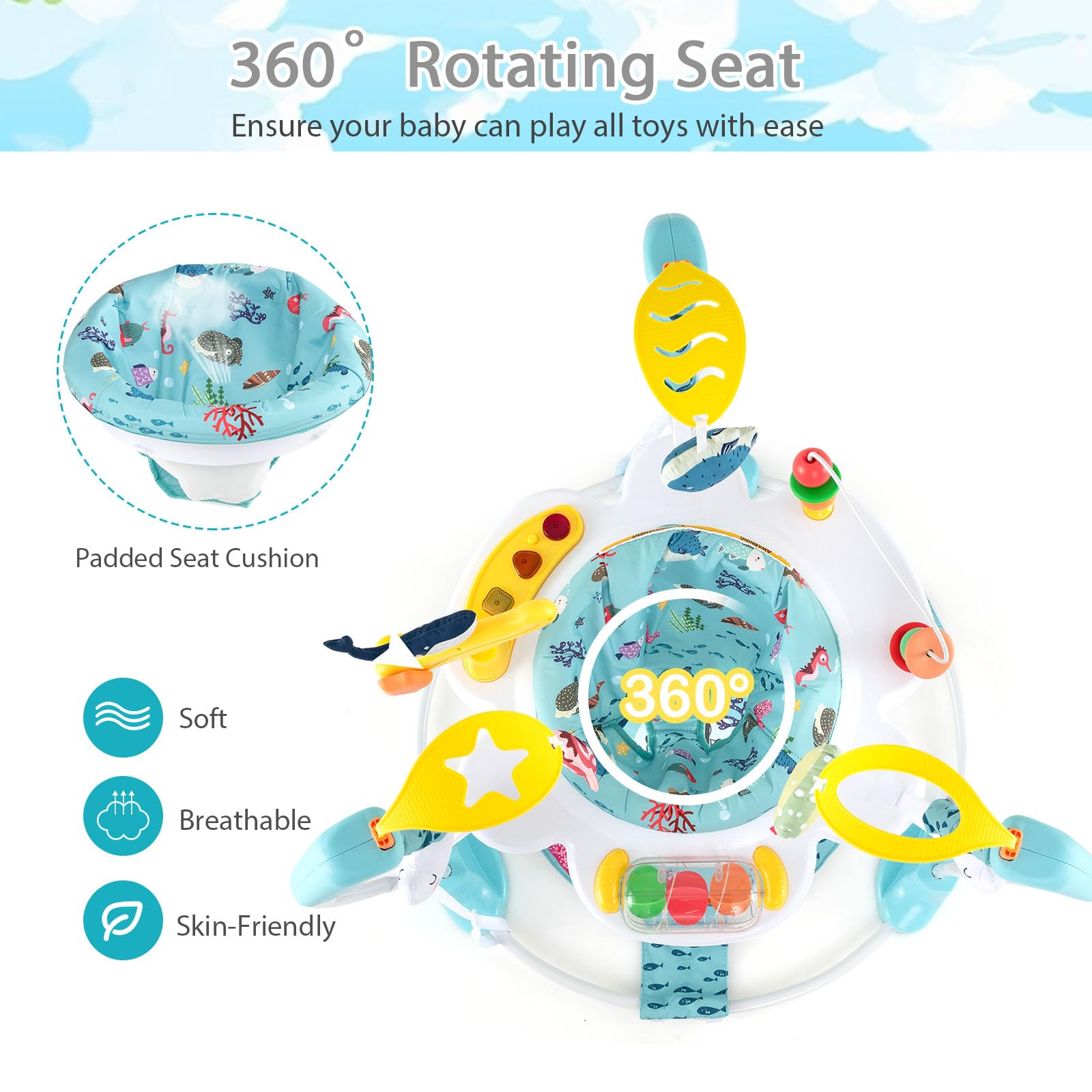 LIFEZEAL Jumperoo Kinderwagen met 360 graden draaibare zitting, in hoogte verstelbare loopwagen met 9 speelgoed, jungle speelcentrum met lichten en melodieën, voor baby's en peuters (lichtblauw