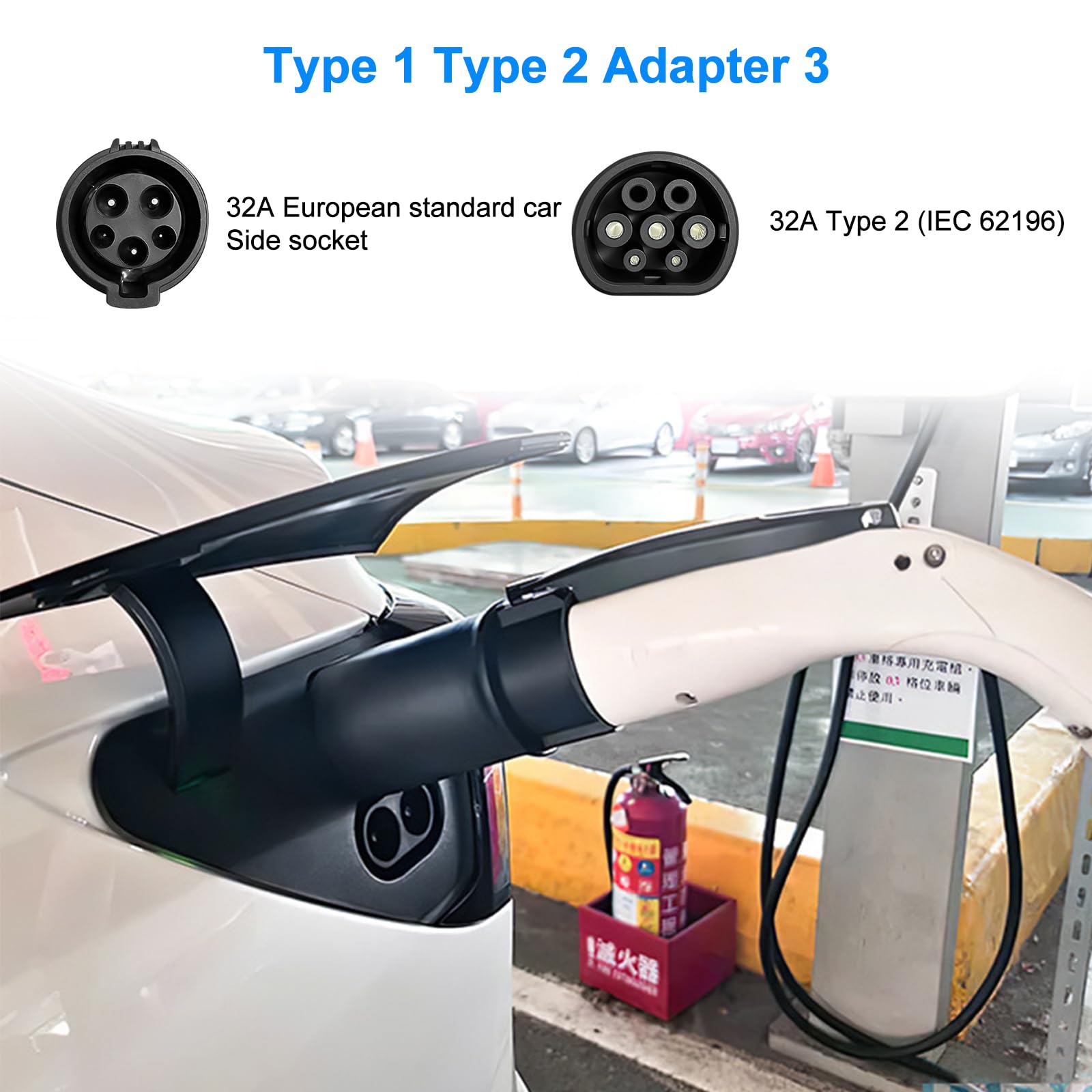 Adaptateur de Type 1 vers Type 2 EV, Adaptateur Convertisseur de Chargeur de Véhicule Électrique Câble de Charge Type 2 vers Type 1 32A Convient pour Les Voitures Standard Européennes