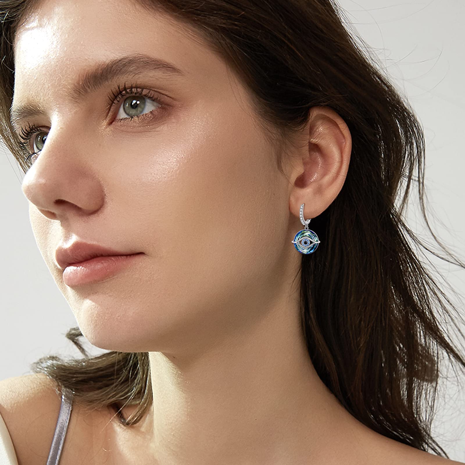 TOUPOP Pendientes de aro de mal de ojo para mujer, aretes de plata de ley 925 con gota de ojo con cristal azul, joyería de mal de ojo para mujer, Plata de ley, Crystal