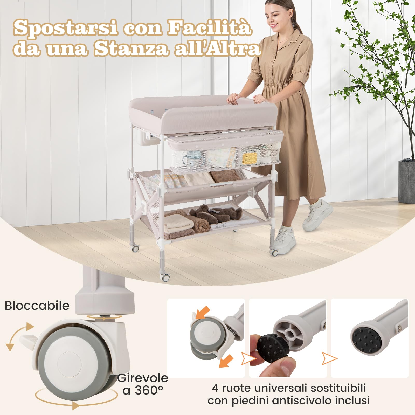 RELAX4LIFE Fasciatoio Pieghevole per Neonati, Fasciatoio Portatile con Cestino Laterale e Porta Asciugamani, Altezza Regolabile e Ruote Bloccabili, per Cameretta dei Bambini (Naurtale)