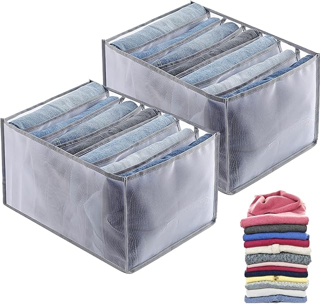 Drawer Organiser, 2 Pcs Wardrobe Storage Organiser, Sturdy Jeans Storage Organiser, Clothes Organiser with Dividers, Portable T shirt Organiser for Adult Childrens Clothes, Bras, Socks, Scarve