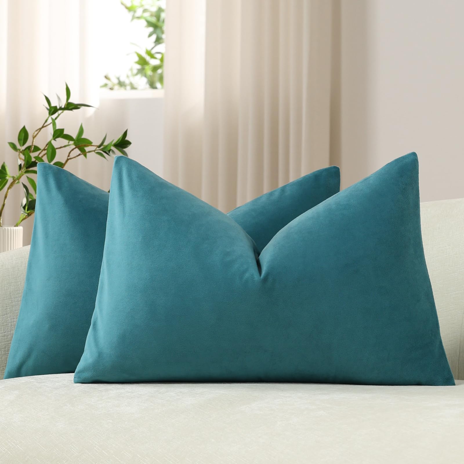 Lumbar Pillow Covers 12x20 Turquoise: Pack of 2 Cozy Soft Velvet Rectangular Modern Luxury Decorative Throw Pillow Cases for Sofa Couch Living Room Bed Home Decor