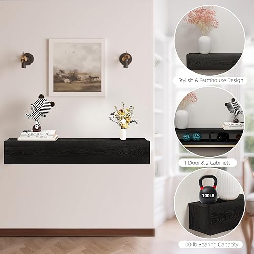 Miniatura 4 de Mesa consola flotante de madera maciza, mesa de entrada estrecha montada en la pared de 32 pulgadas con estante de almacenamiento, estantes modernos