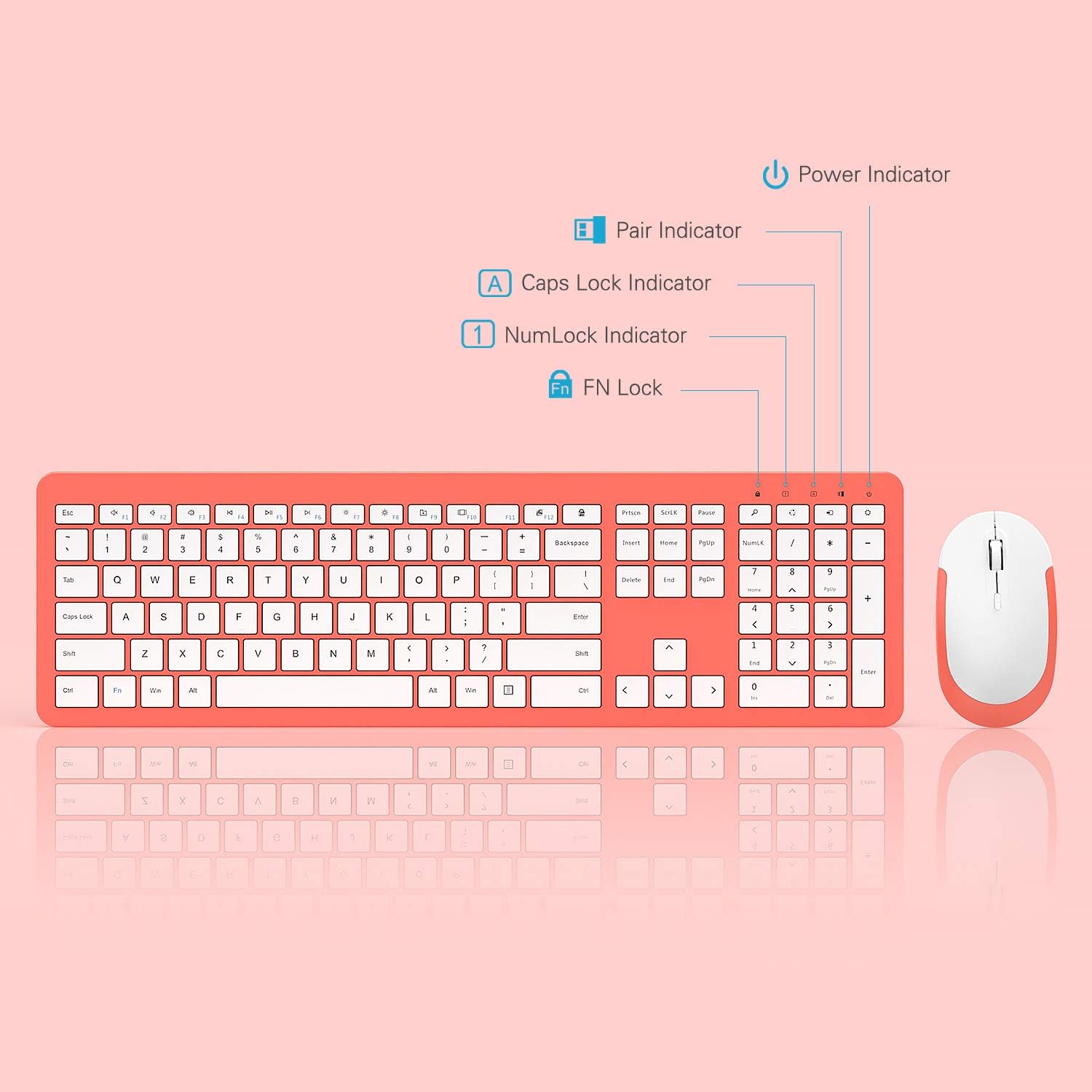Wireless Keyboard and Mouse Combo - Full Size Slim Thin Wireless Keyboard Mouse with Numeric Keypad 2.4G Stable Connection Adjustable DPI - Living Coral & White