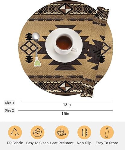 Miniatura 7 de Juego de 2 manteles individuales redondos trenzados, antideslizantes, color negro y marrón tótem en el suroeste de 15 pulgadas, resistentes al