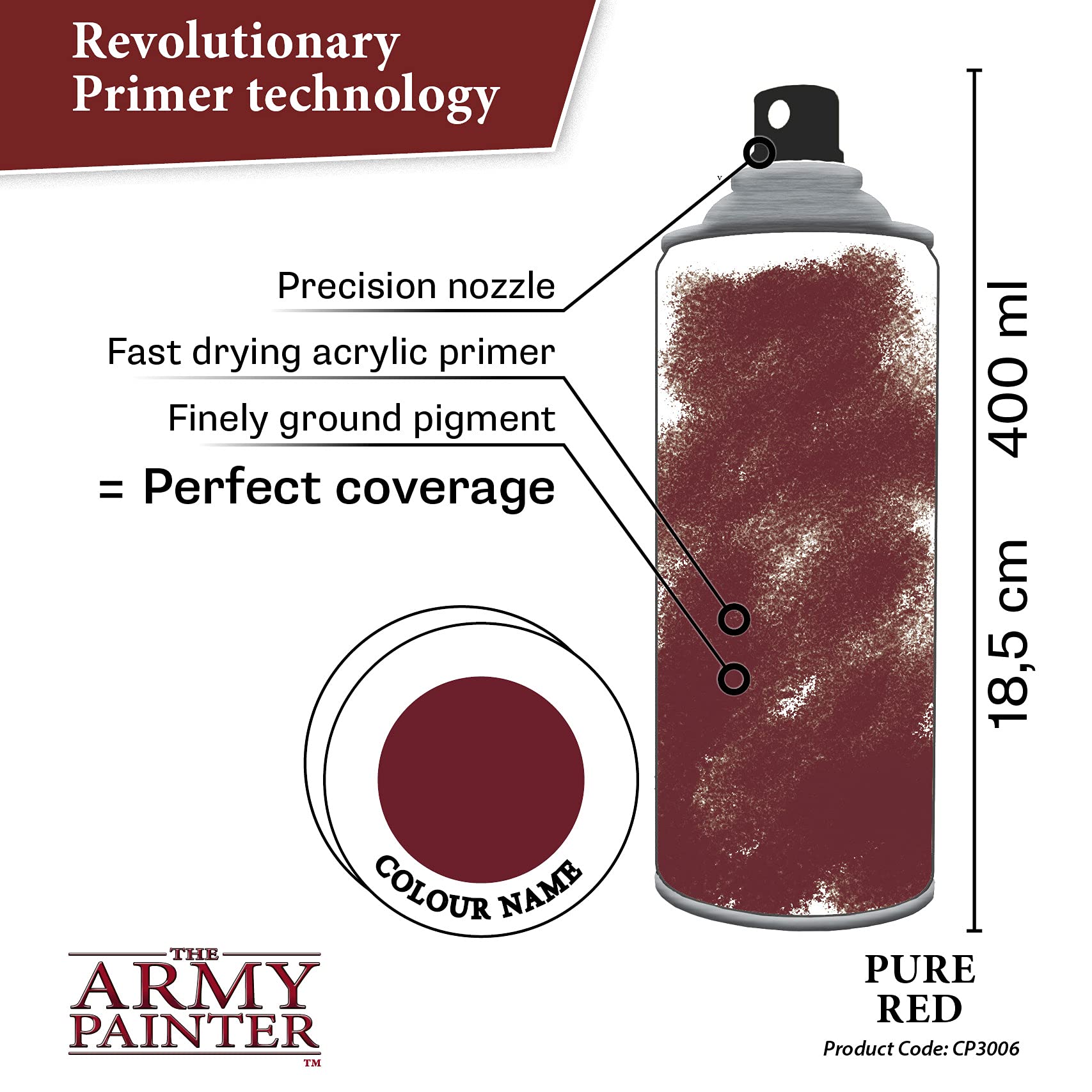 The Army Painter Colour Primer Pure Red, 400 mL akrylowy spray podkładowy, farba w sprayu do grundowania figurek, modelowania figurek do gier fabularnych, planszowych i bitewnych