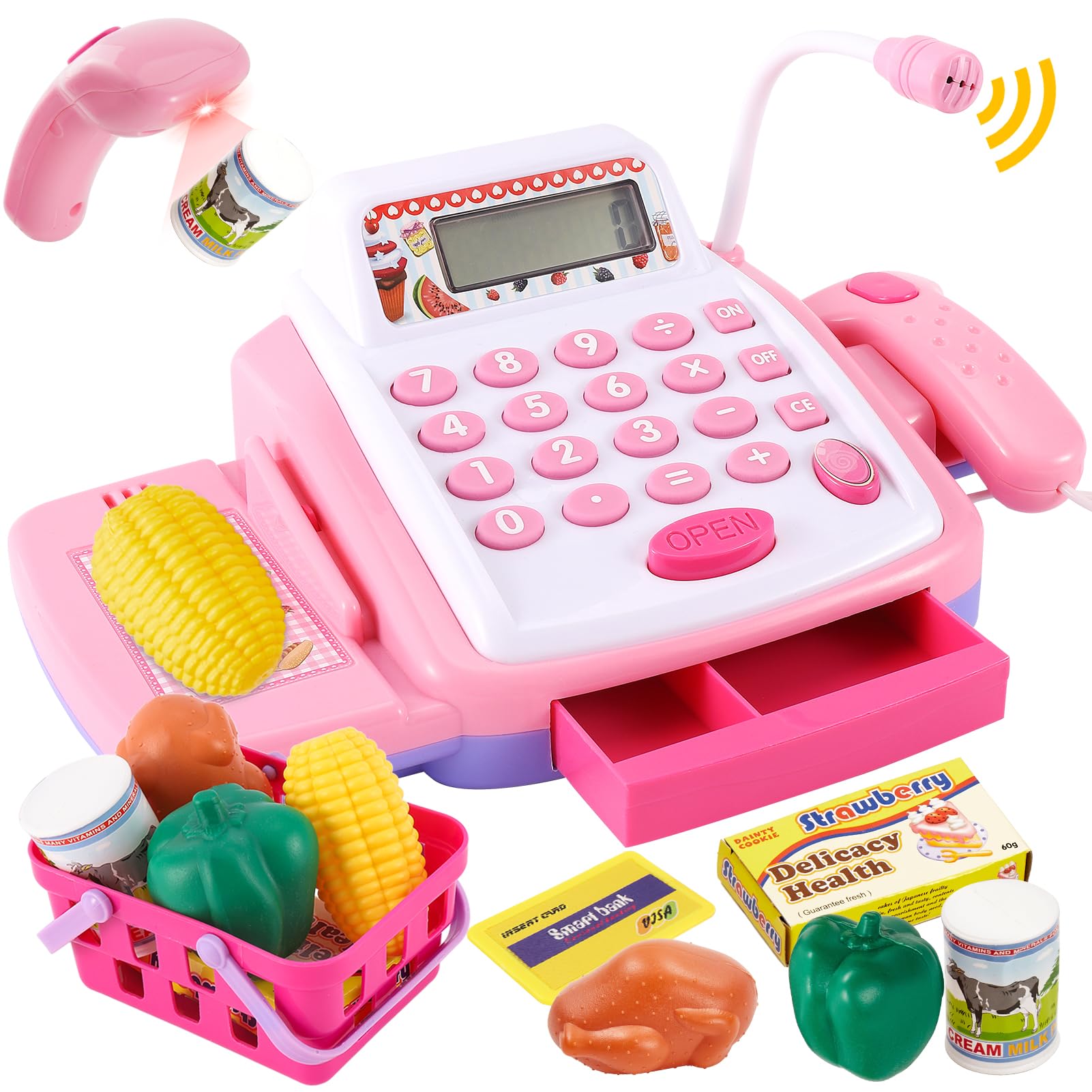 HYAKIDS Caja Registradora Juguete con 34 Accesorios, Maquina Registradora con Calculadora Escáner Micrófono Alimentos Juguete, Supermercado Tiendas Regalo para Infantil 3 Años