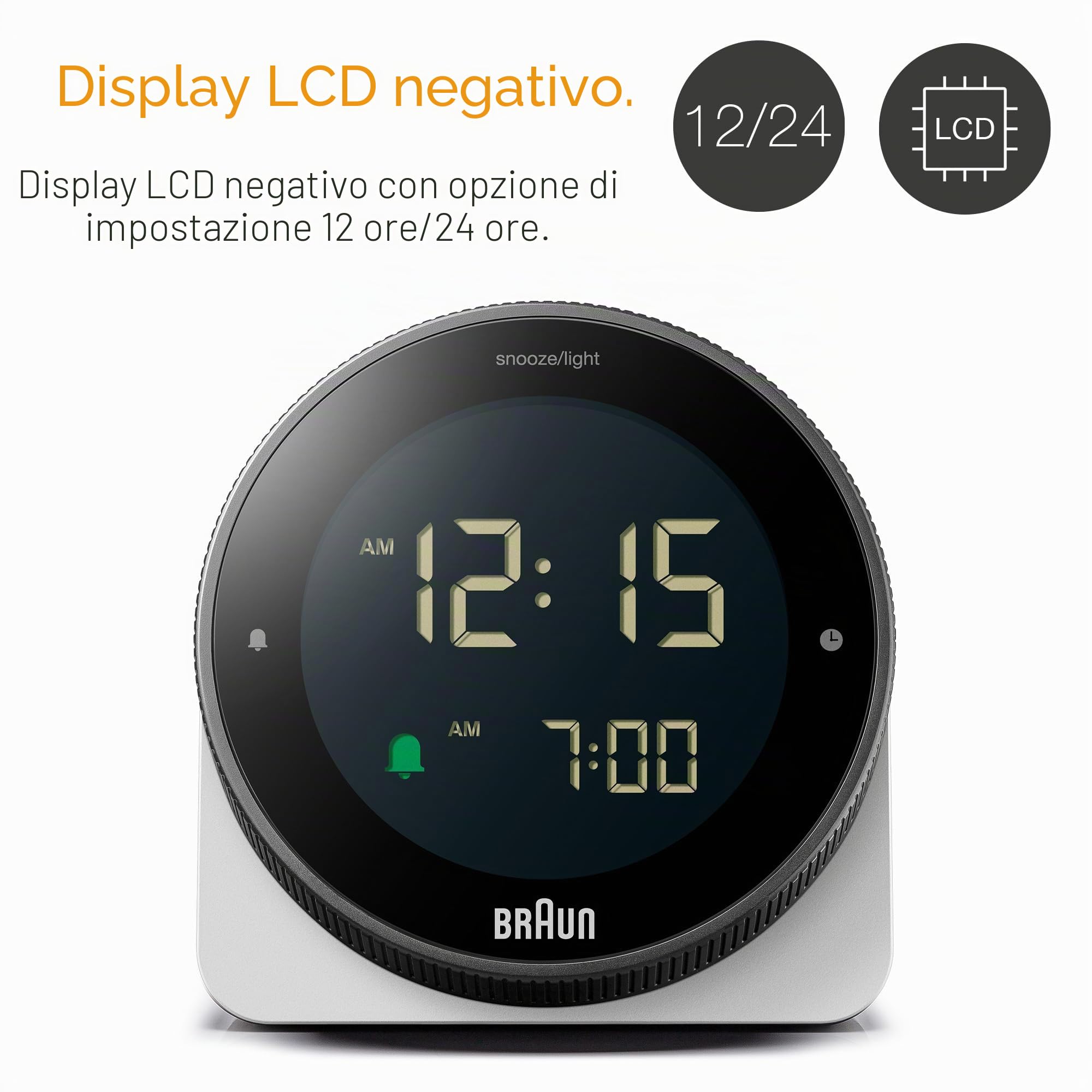 Braun Sveglia digitale funzione snooze, display LCD negativo, ghiera girevole per l'impostazione rapida dell'ora, sveglia sonora Crescendo in bianco, modello BC24W.