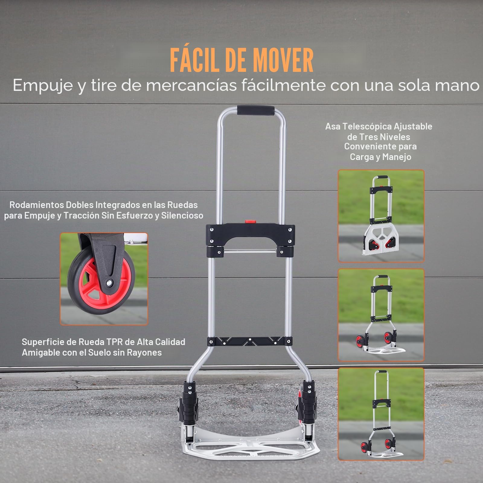 VEVOR Carretilla de Mano Plegable de Aluminio Carga de 80 kg Carro de Mano de Alta Resistencia con Ruedas de Goma Mango Telescópico para Transporte Doméstico, Mercancías de Almacén Supermercado