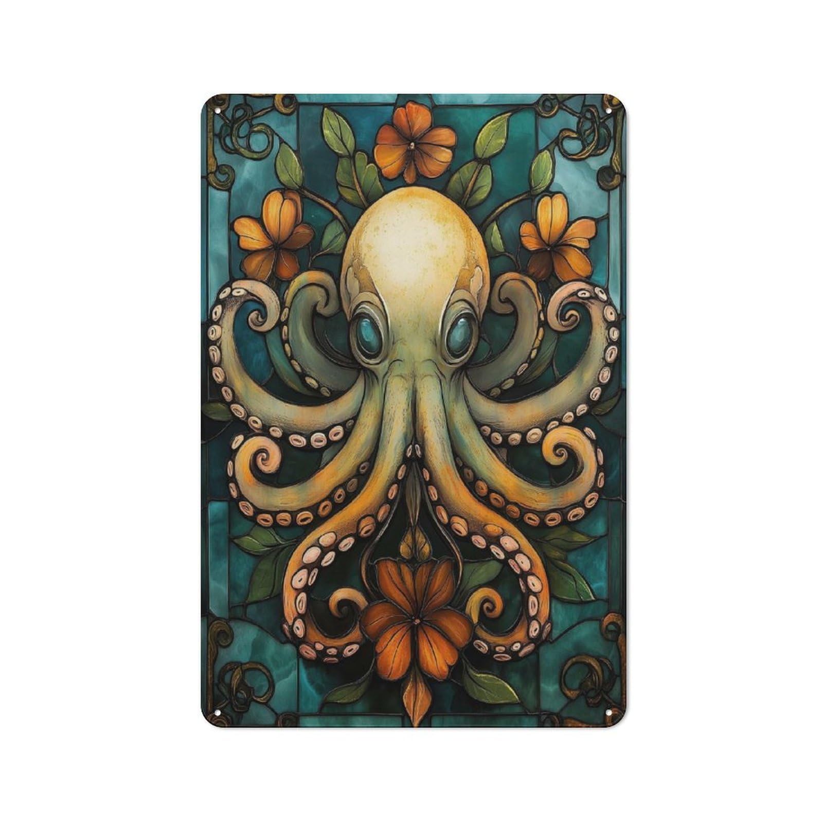 Junmoney Style-16 Octopus Stained Glass Art Retro Metal Sign 30X20cm For Garage Or Workshop, With Clear Retro Wall Decor Character