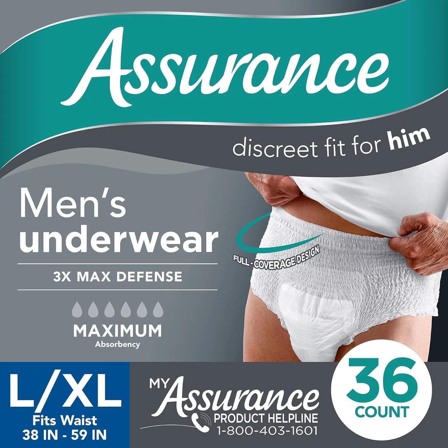 Assurance Men's Incontinence Underwear, L/XL, Maximum Absorbency (36 Count), White