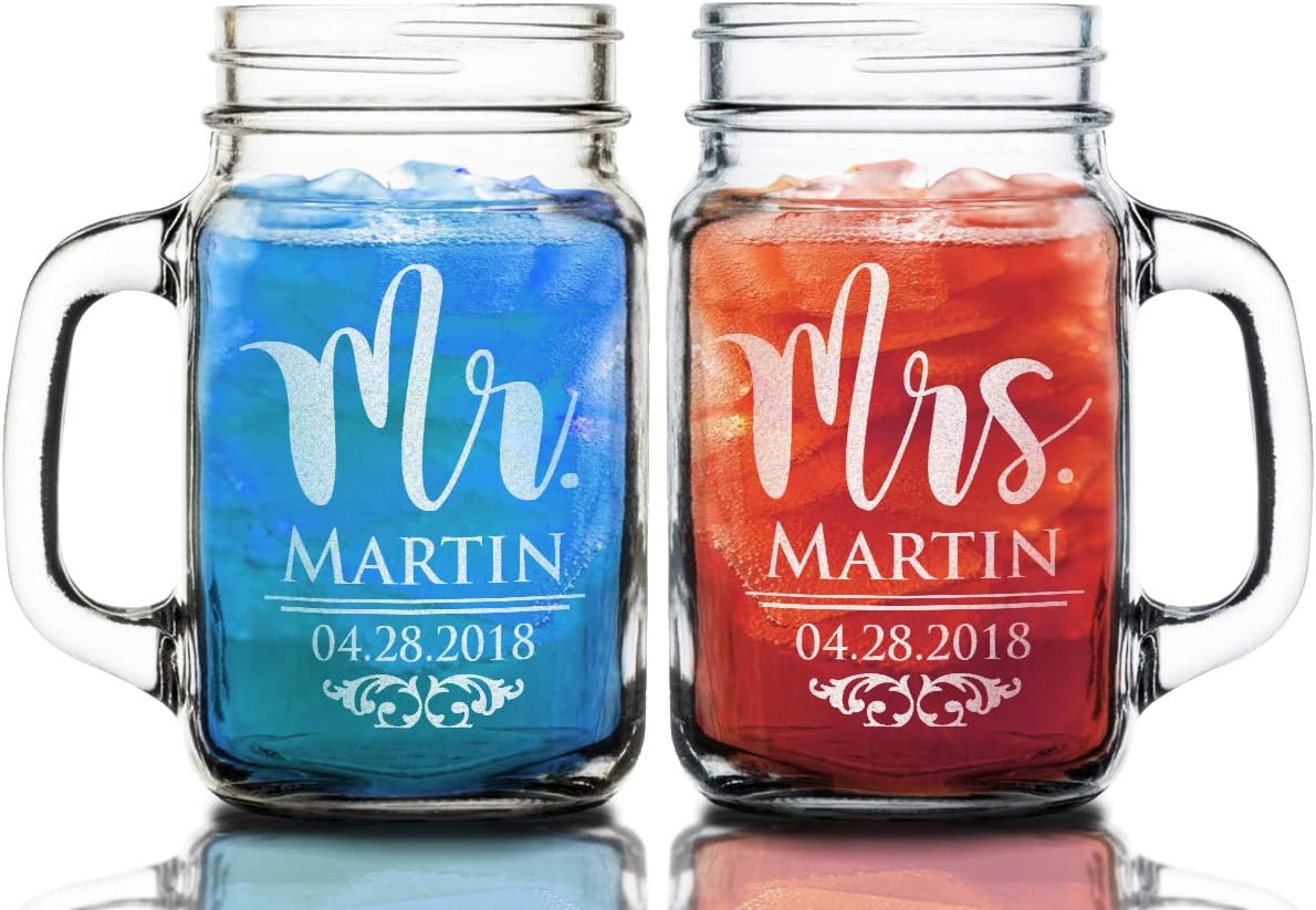 Mr. Mrs. Set of 2 Mason Jars Couples Personalized Glasses Wedding Favor for Bride Groom Newlyweds to Be Husband Wife 50th 25th Idea Personalized Last Name Couple Present