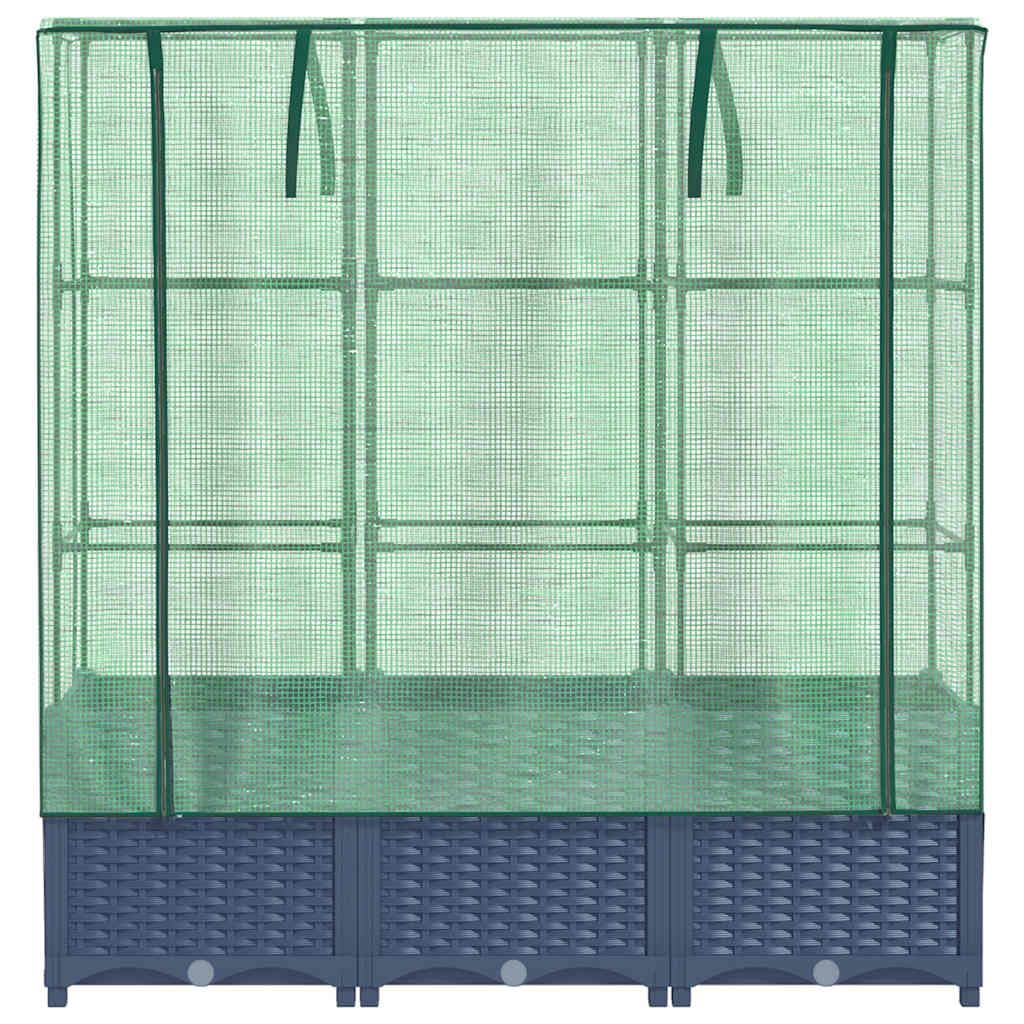 Bancal alto con accesorio para invernadero, aspecto de ratán, 120 x 40 x 138 cm, para jardín, terraza, balcón, jardinera, semillero, aspecto de ratán, color gris azulado