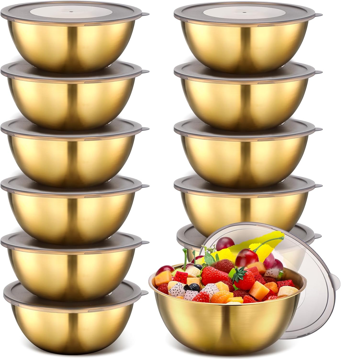 Nuogo 12 Pack 8.27 Inches Gold Stainless Steel Mixing Bowls with Airtight Lids Stackable Metal Serving Esthetician Facial Bowls for Salad, Fruit, Soup & Kitchen Prep