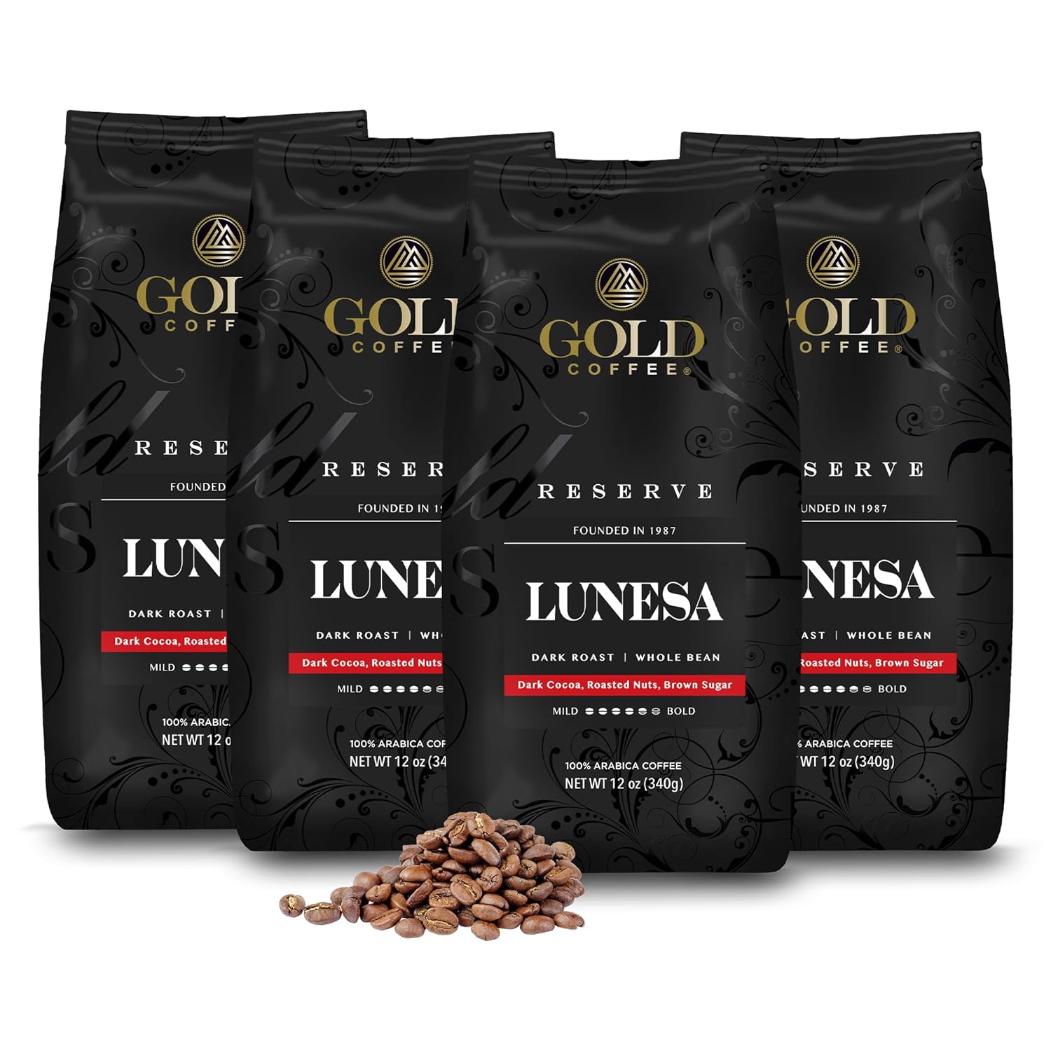 Gold Coffee Co. Lunesa Premium Blend - Dark Roast, Whole Bean 100% Arabica Coffee - Notes of Dark Cocoa, Roasted Nuts, Brown Sugar, 12 oz. (Pack of 4)