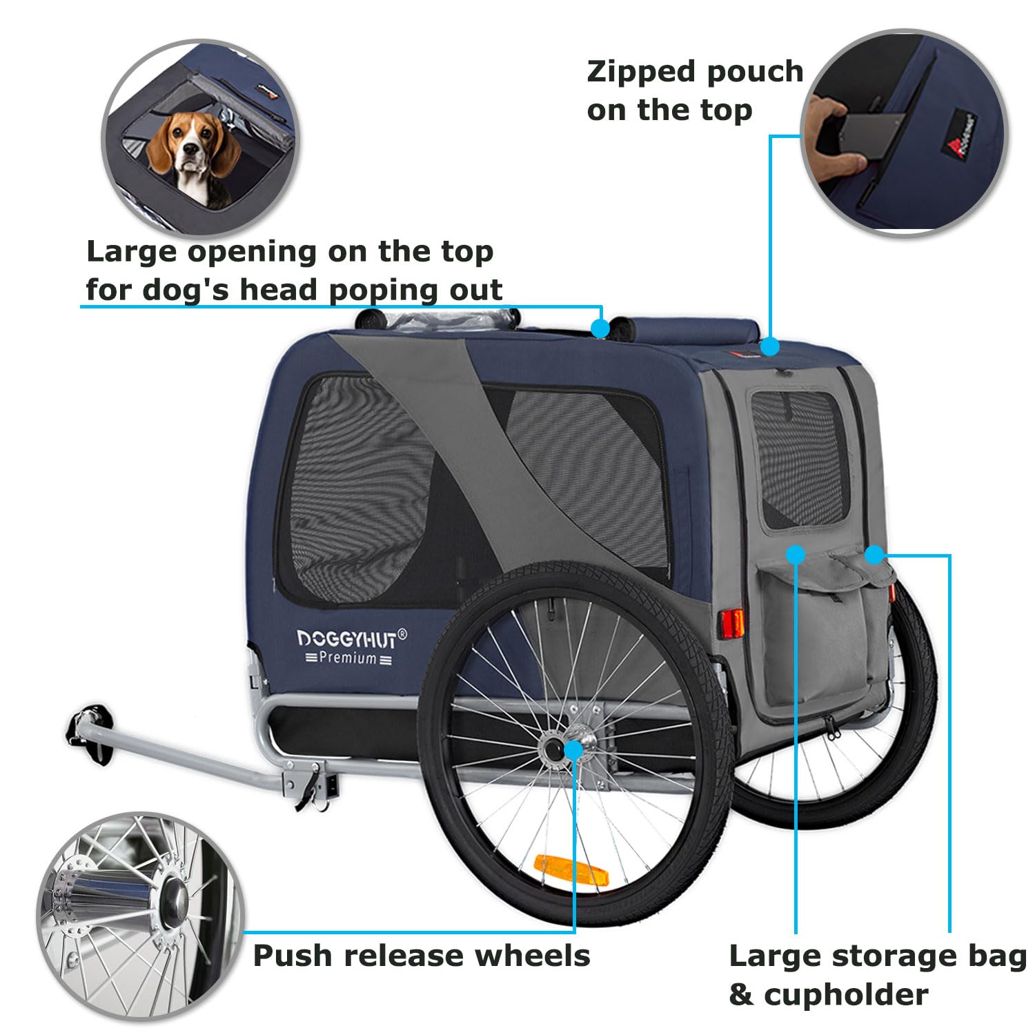 DOGGYHUT® Premium Large Hundeanhänger Fahrradanhänger groß ca. 270 Liter Volumen für mittelgroße und große Hunde