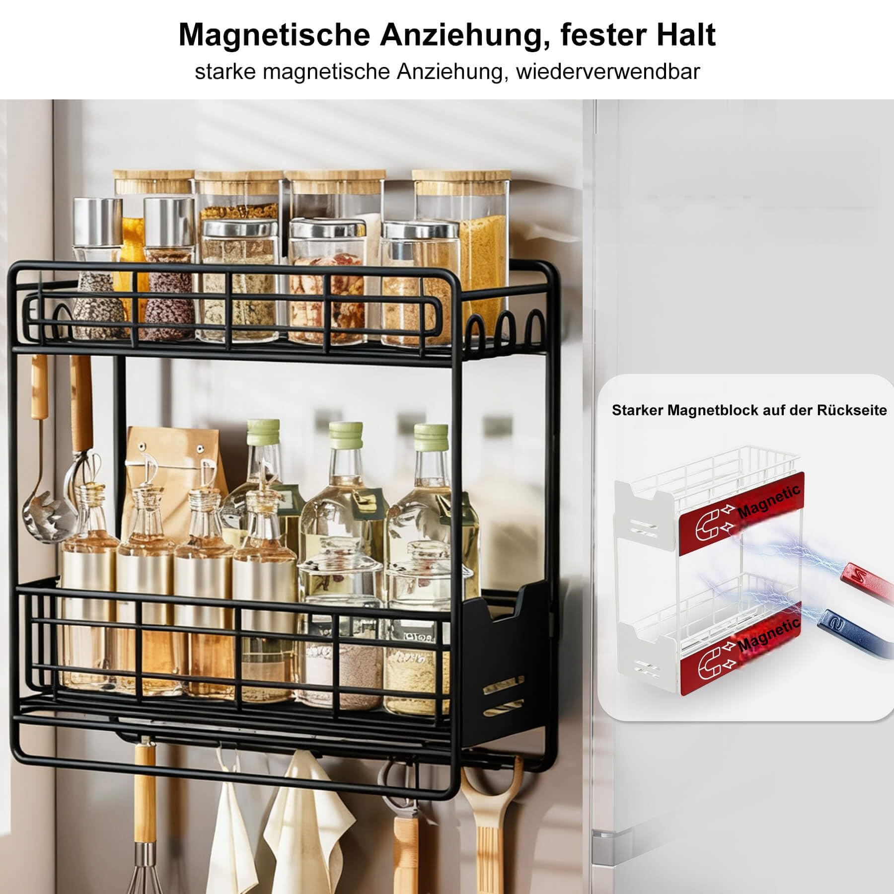 Étagère à épices magnétique pour réfrigérateur avec couches extractibles, organiseur à épices magnétique pour réfrigérateur, double étagère en métal avec 5 crochets