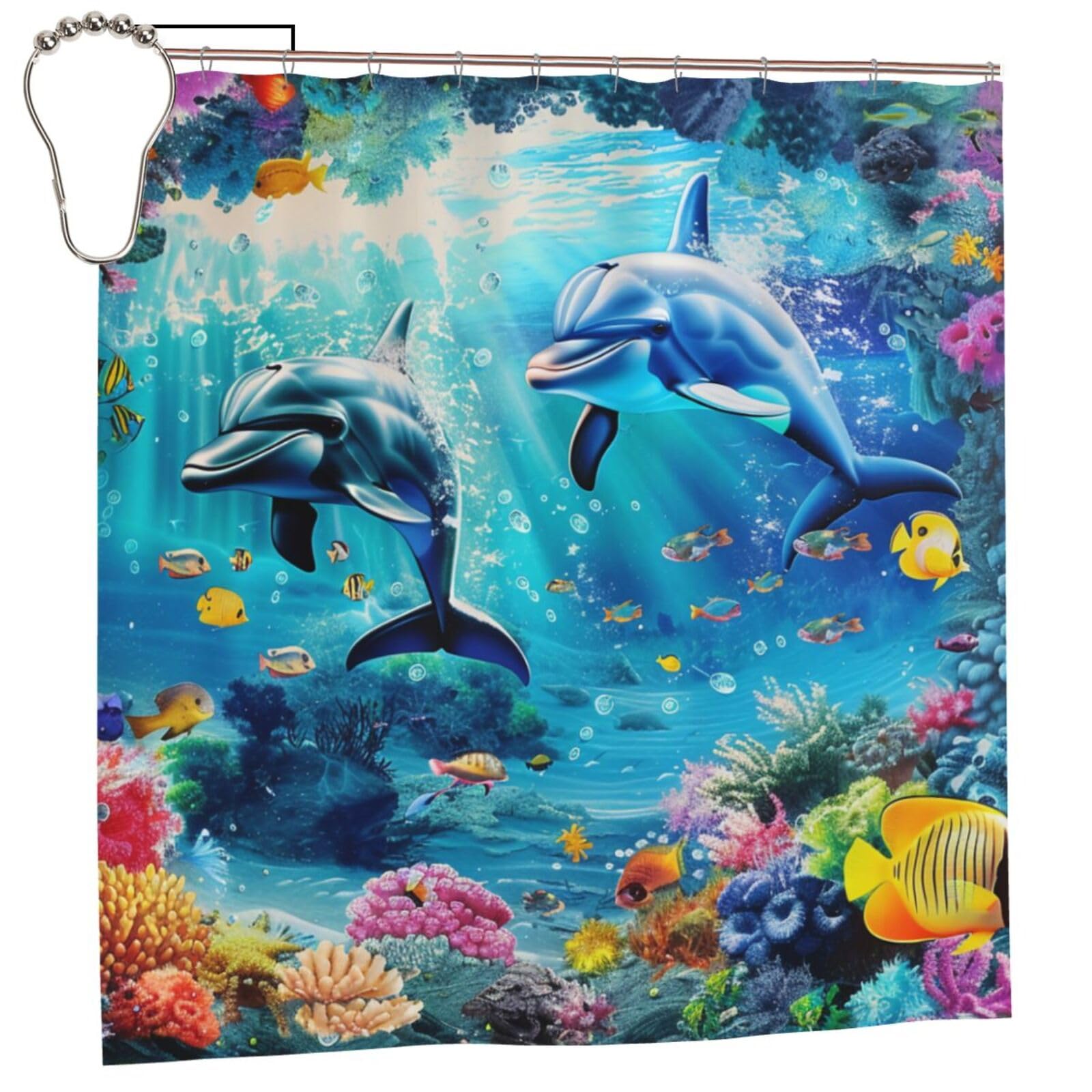 BWWHCCTI Sea Underwater Dolphin Fish Printed Shower Curtain With 12 Iron Hooks Opaque Quick Drying Waterproof Shower Curtains Sets For Bathroom 183x183 CM