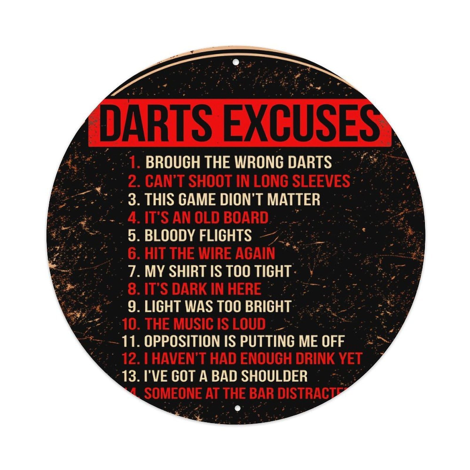 Darts Excuses List Pattern_1 Round Tin Sign Vintage Metal Poster, Home Bar Garage Man Cave Cafe Indoor & Outdoor Wall Decoration 8x8Inches