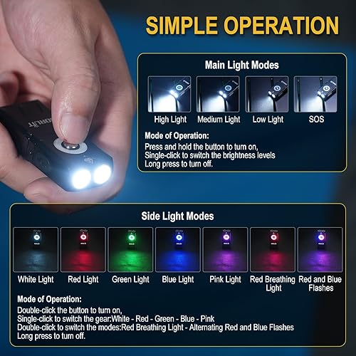 Miniatura 9 de BORUIT V15 Linterna LED pequeña y potente EDC con luz blanca cálida roja, brillante 1200LM USB C recargable, 10 modos, mini llavero de bolsillo con