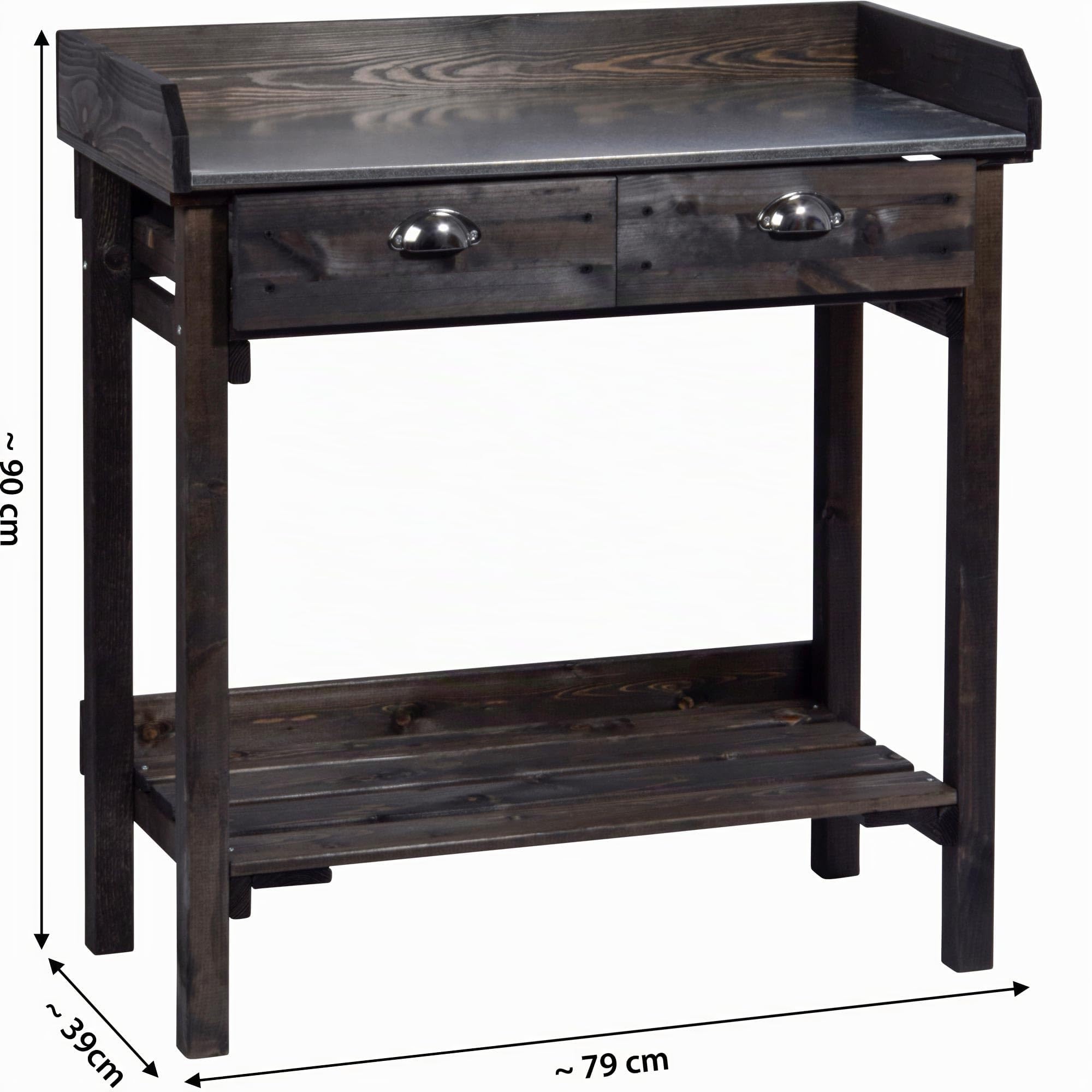 dobar® Design Pflanztisch mit 2 Schubladen | Gärtnertisch mit Ablageboden | Umtopftisch aus massivem Fichtenholz | Blumentisch für Garten/Terrasse/Balkon | 79 x 39 x 90 cm | Schwarz