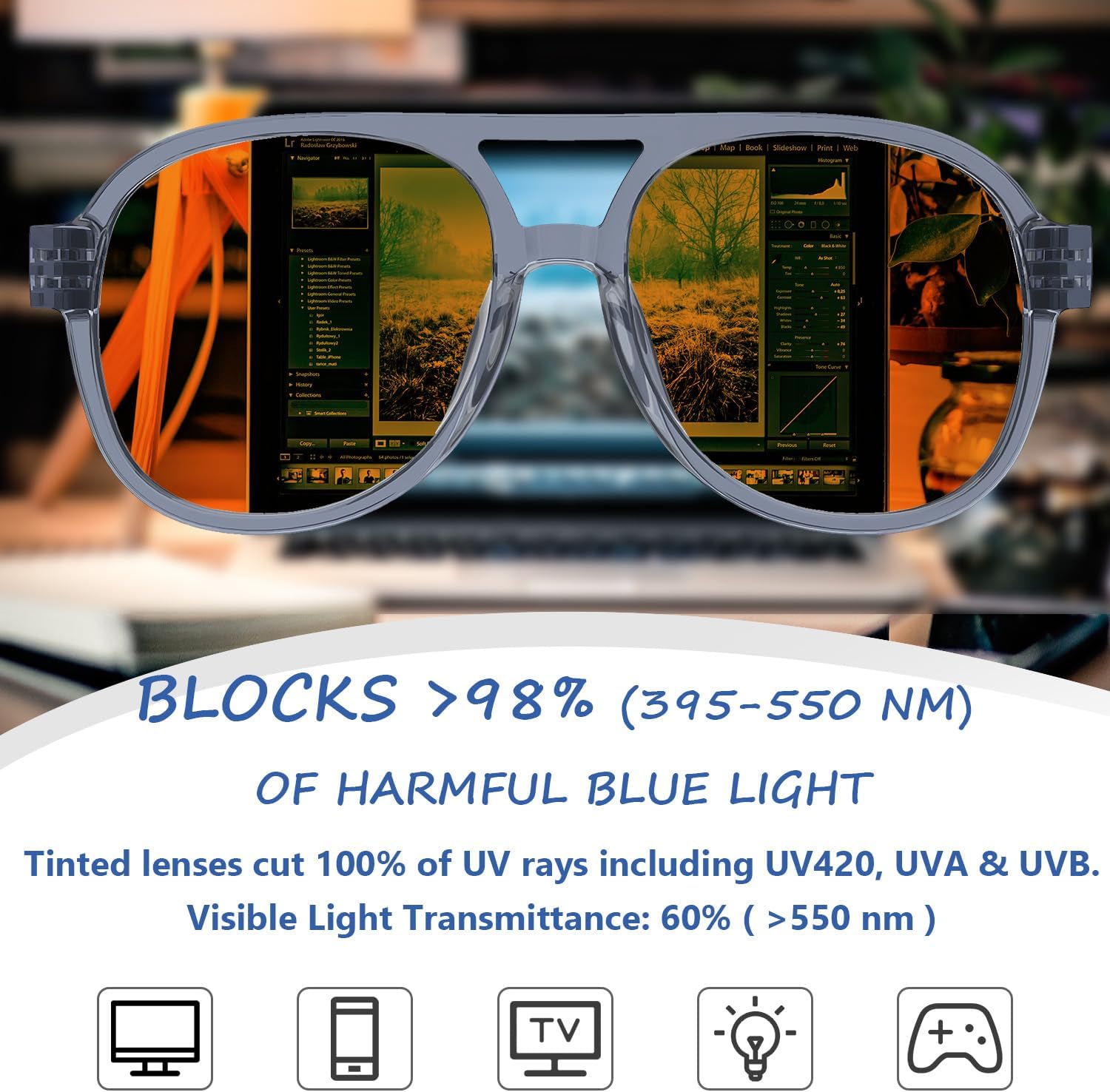 Eyekepper Amber Blue Light Blocking Glasses Men Women, Pilot Black Frame | Computer Gaming, Sleep Better, Orange Tinted, Anti Glare Eye Strain, Metalless Screen Blue Blockers, Screwless Spring Hinges