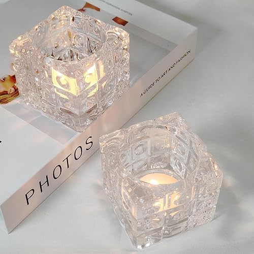 Paquete de 4 portavelas de vidrio transparente, vidrio de cristal más grueso de alta calidad, uso versátil, bonitos portavelas votivos para