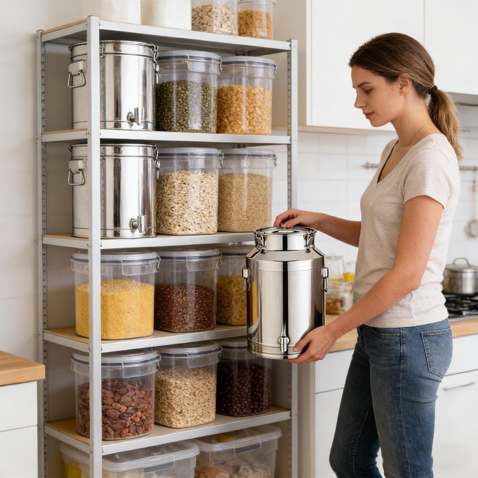 Contenitore per olio da cucina – 5 l, 9 l, secchio per latte da 14 l, in acciaio con chiusura ermetica, struttura spessa e durevole | birra, farina, zucchero, fagioli, tè, snack
