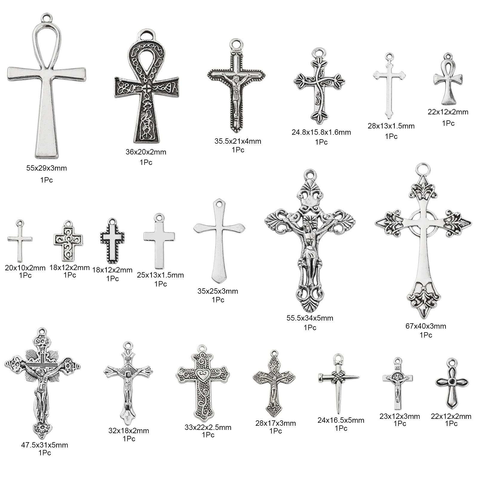 KitBeads 20pcs Mixed Style Cross Charms Jesus Crucifix Charms Antique Silver Christ Cross Charm for Jewelry Making Bracelets Necklace Bulk