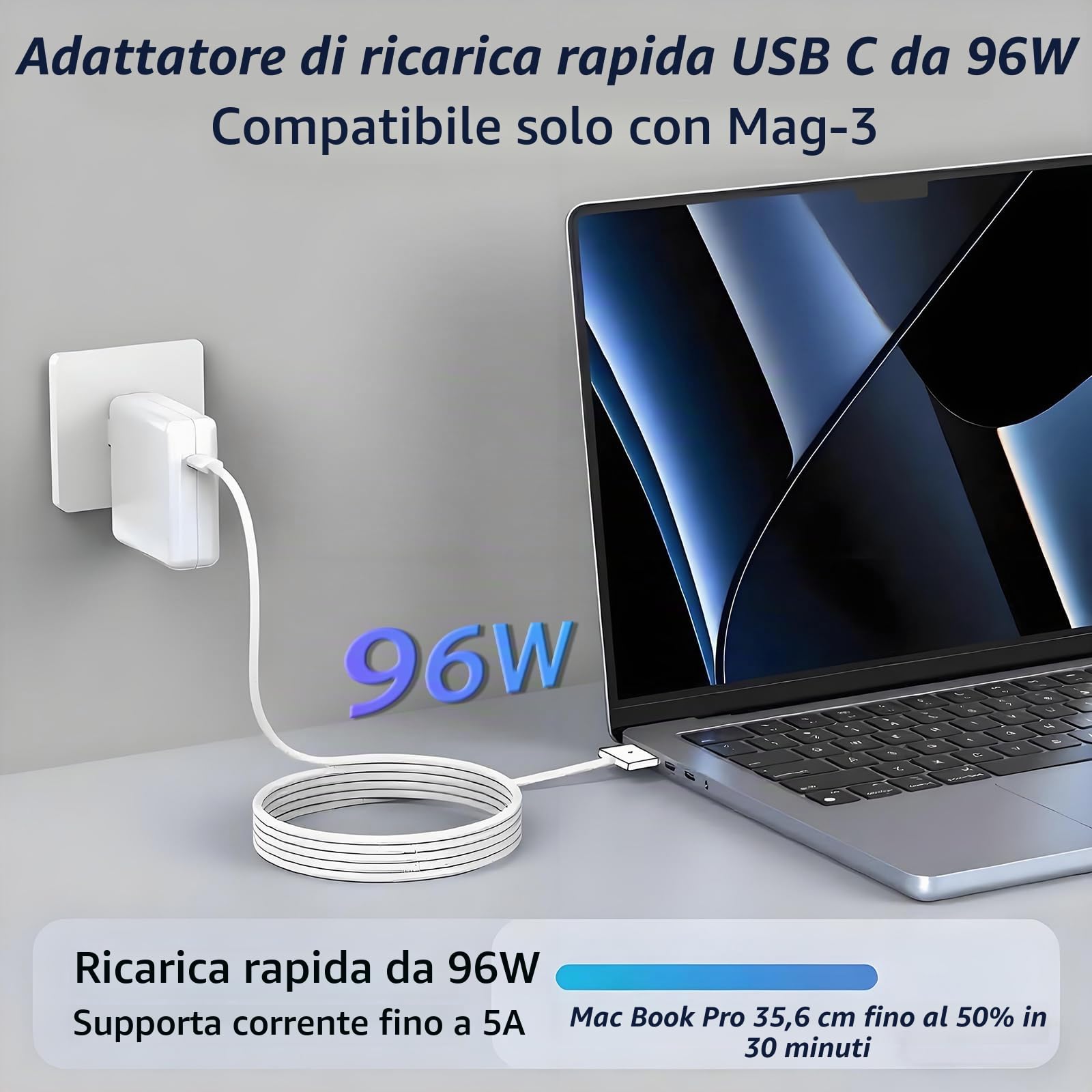 Caricabatterie da 96 W per MacBook Pro 16 14" Mac Air 15 13" 2025 2024 2023 2022 2021 M1-M4 Tipo C Adattatore di alimentazione rapido e cavo da tipo C a 3 cavi magnetici da 2021-2025