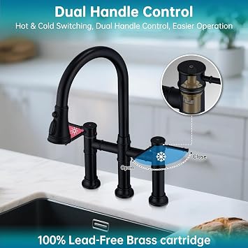 Bridge Kitchen Faucet with Pull Down Sprayer - 3-Hole Stainless Steel Construction, 8 Inch Centerset Two-Handle Design, 360 Swivel Spout for Kitchen Sinks Matte Black