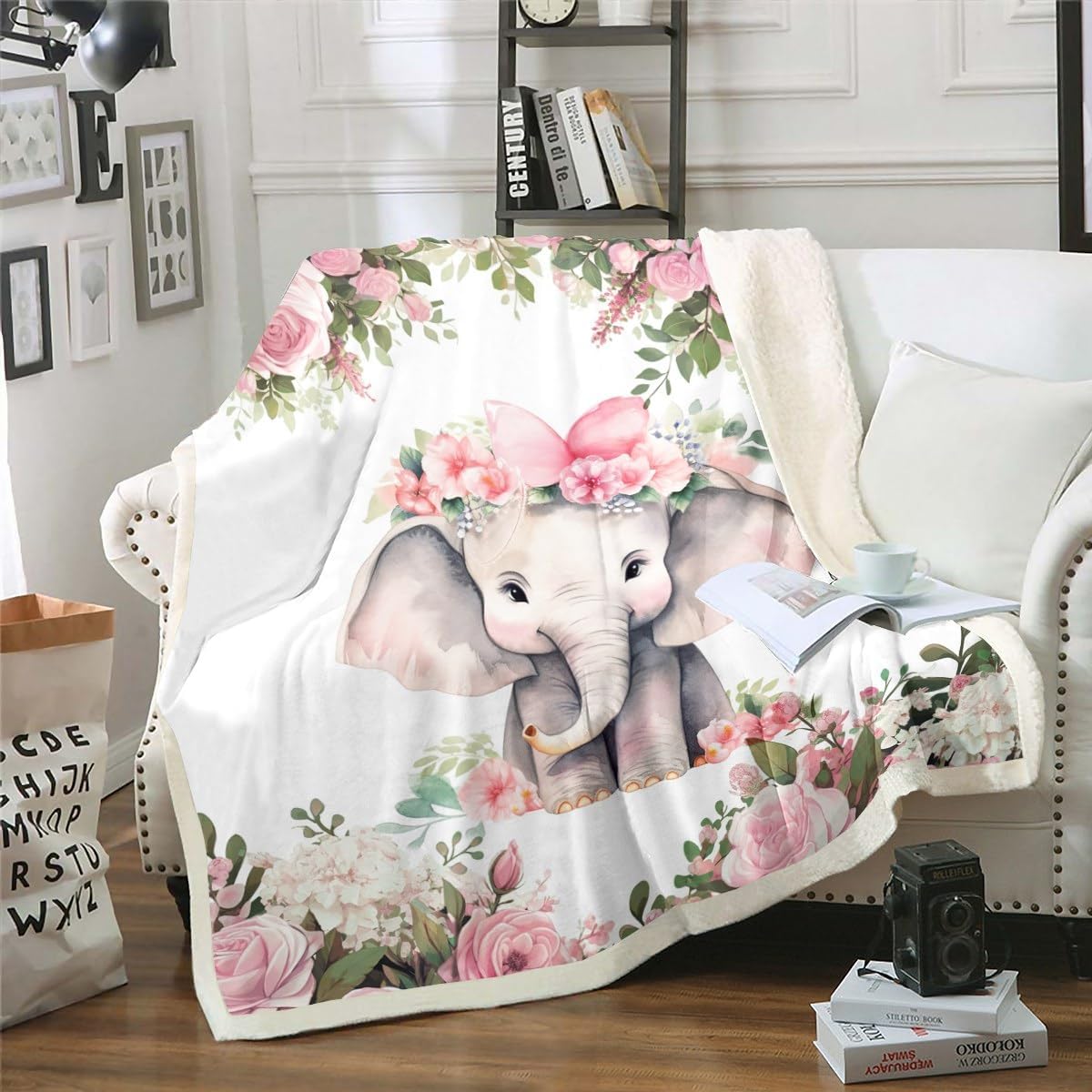 Erosebridal Cute Animal Sherpa Blanket Lovely Elephant Blanket Cartoon Cherry Blossoms Throw Blanket for Chair Spring Garden Fleece Blanket Throw Size Cartoon Style Bedroom Decor Kids Toddler Gifts
