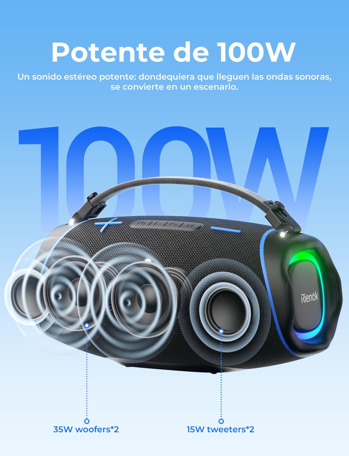 RIENOK Altavoz Bluetooth Potente 100W Portátil 30H con 2 Tweeters 2 Woofers | Impermeable IPX6 Luces RGB Bluetooth 5.3 Inalámbrica Emparejamiento Estéreo Apoya 128G Tarjeta TF, AUX, Memoria USB