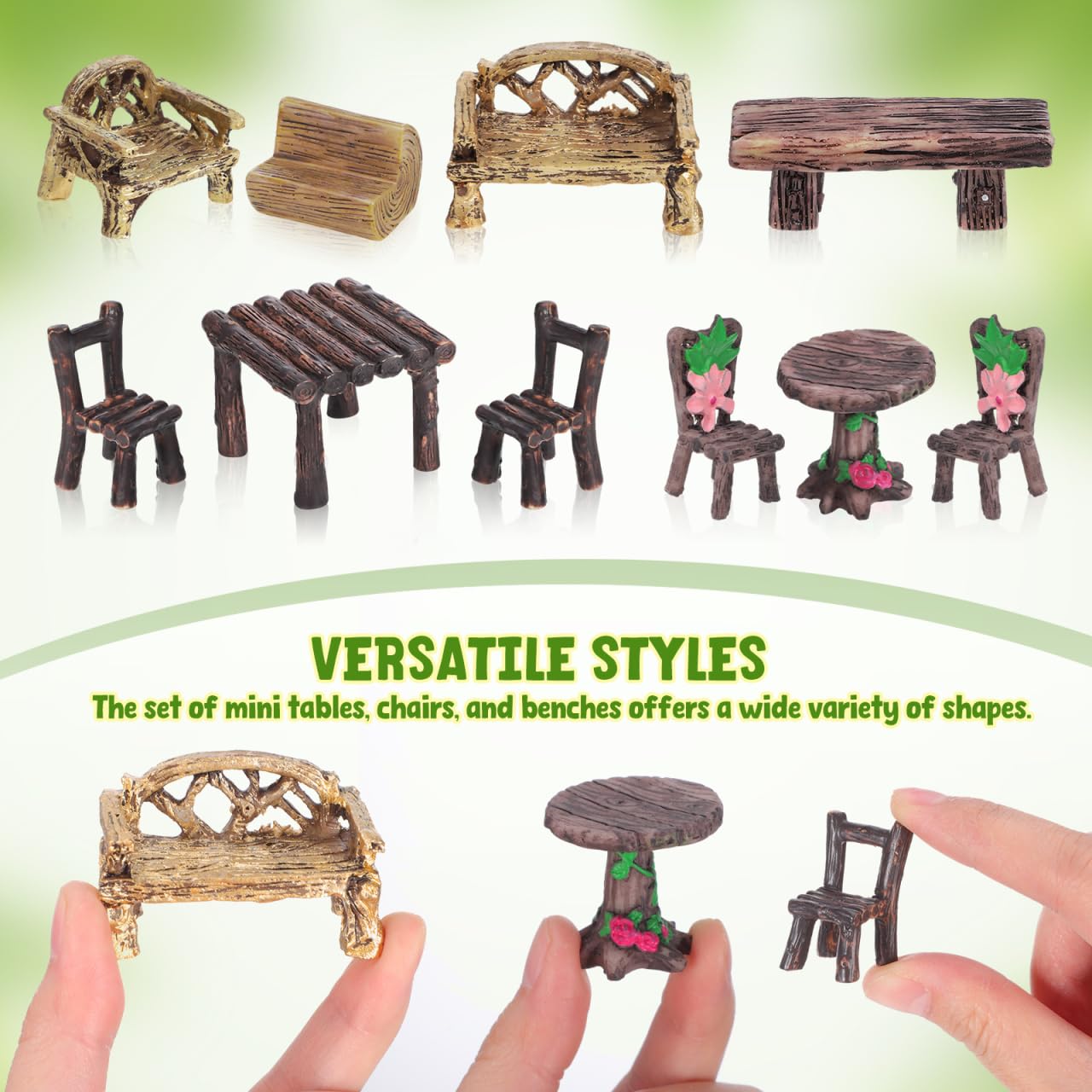 ABOOFAN 10Pcs Fairy Garden Furniture Ornaments, Miniature Table, Benches and Chairs Set for Dollhouse Fairy Garden, Terrarium - Image 2
