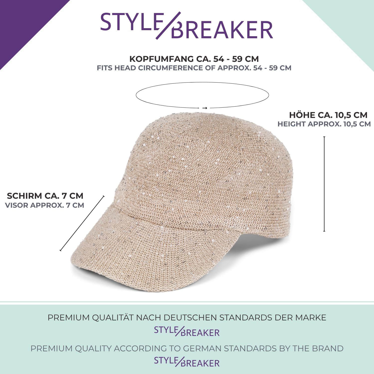 styleBREAKER Casquette d'été pour Femmes en Tissu tissé avec Paillettes, Chapeau léger avec Boucle métallique réglable, Couvre-Chef uni pour Plage et Loisirs