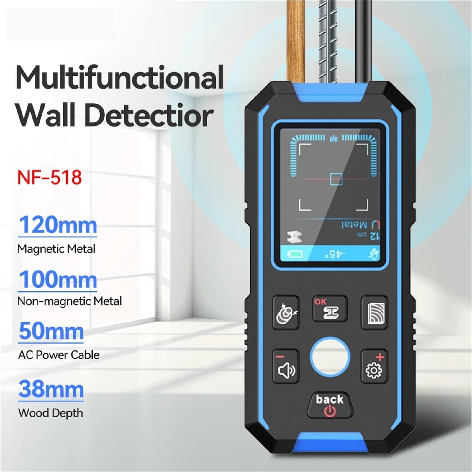 Localizador de cables, Detector de metales de pared, orificio de posicionamiento, cable de CA, metal, montante de madera, medidor de distancia, herramienta, cable, rastreador de profundidad, escáner