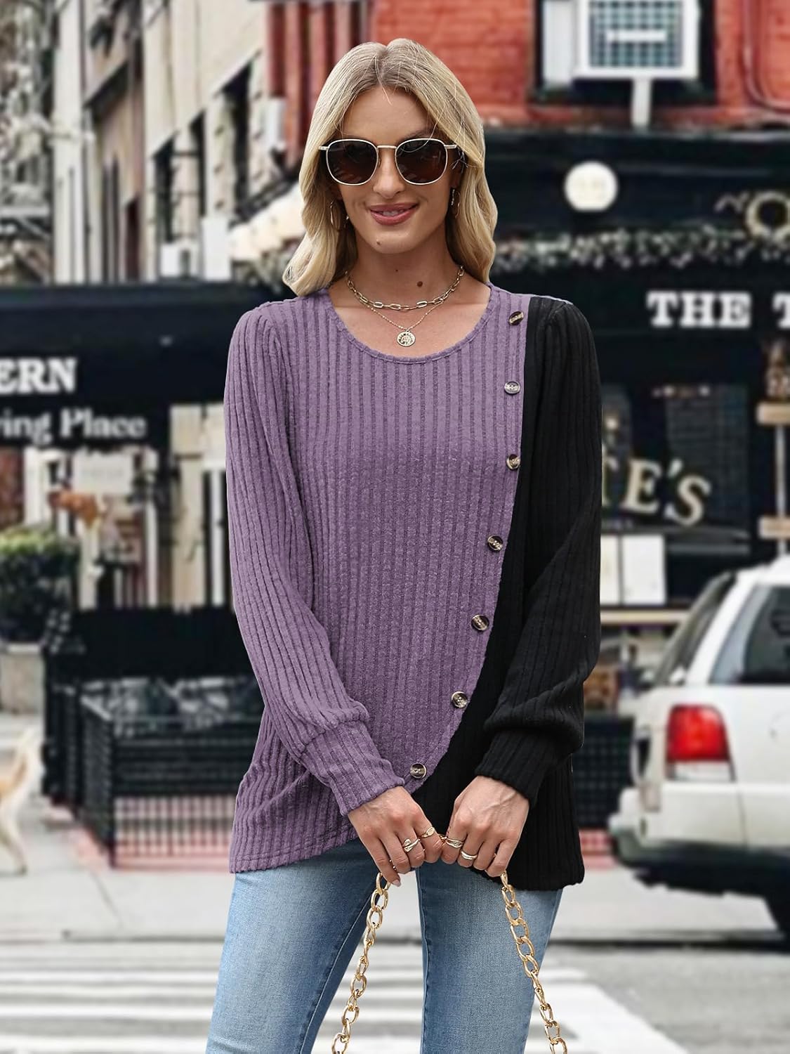 MixShe Womens Knit Sweaters 2025 Fall Winter Casual Long Sleeve Ribbed Colorblock Button Pullover Tops - Image 5