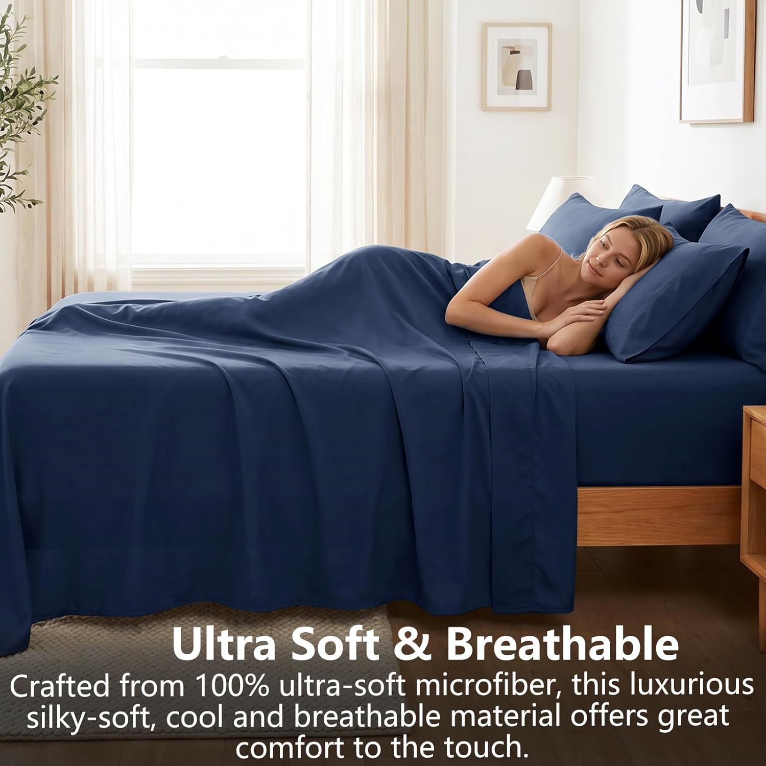CozyLux Extra Deep Pocket California King Sheets - 6 Piece Cal King Sheet Set - Fits Up to 21 inches Mattresses, Luxury Bed Set, Breathable Bed Sheets & Pillowcases - Easy & Secure Fit, Navy Blue