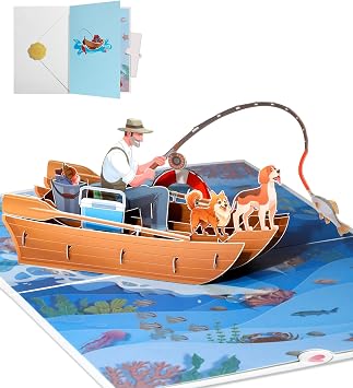 Fathers Day Pop Up Card - Fishing Pop Up Card with Envelope for Dad Husband Grandpa Brother Uncle Men Him Boaters Fisherman, 3D Boat Design Gift for Birthday Retirement, Fishing with Doggies