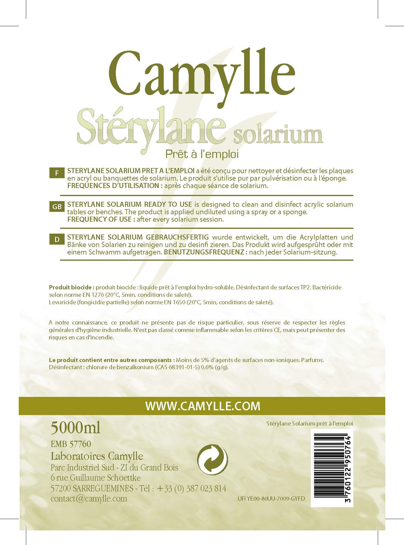 Camylle - Stérylane Solar Listo para usar - Desinfección de equipos de spa - - 5000ml