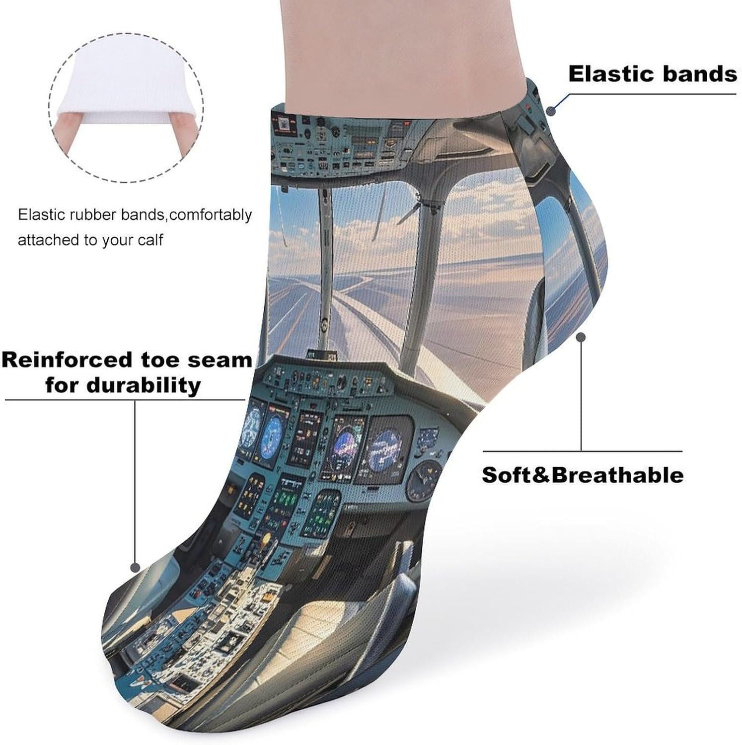 Airplane Cockpit Ankle Sock-Low Cut Breathable,Basketball Socks for Men Women,Tube Socks for Work Sports