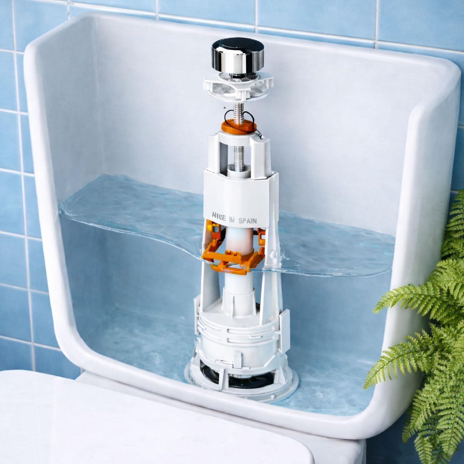 FLUVIA Déchargeur de chasse d'eau universel avec base et caoutchouc - Mécanisme WC interrompu, montage facile - Compatible avec les réservoirs à double chasse - Base filetée - Caoutchouc de fermeture