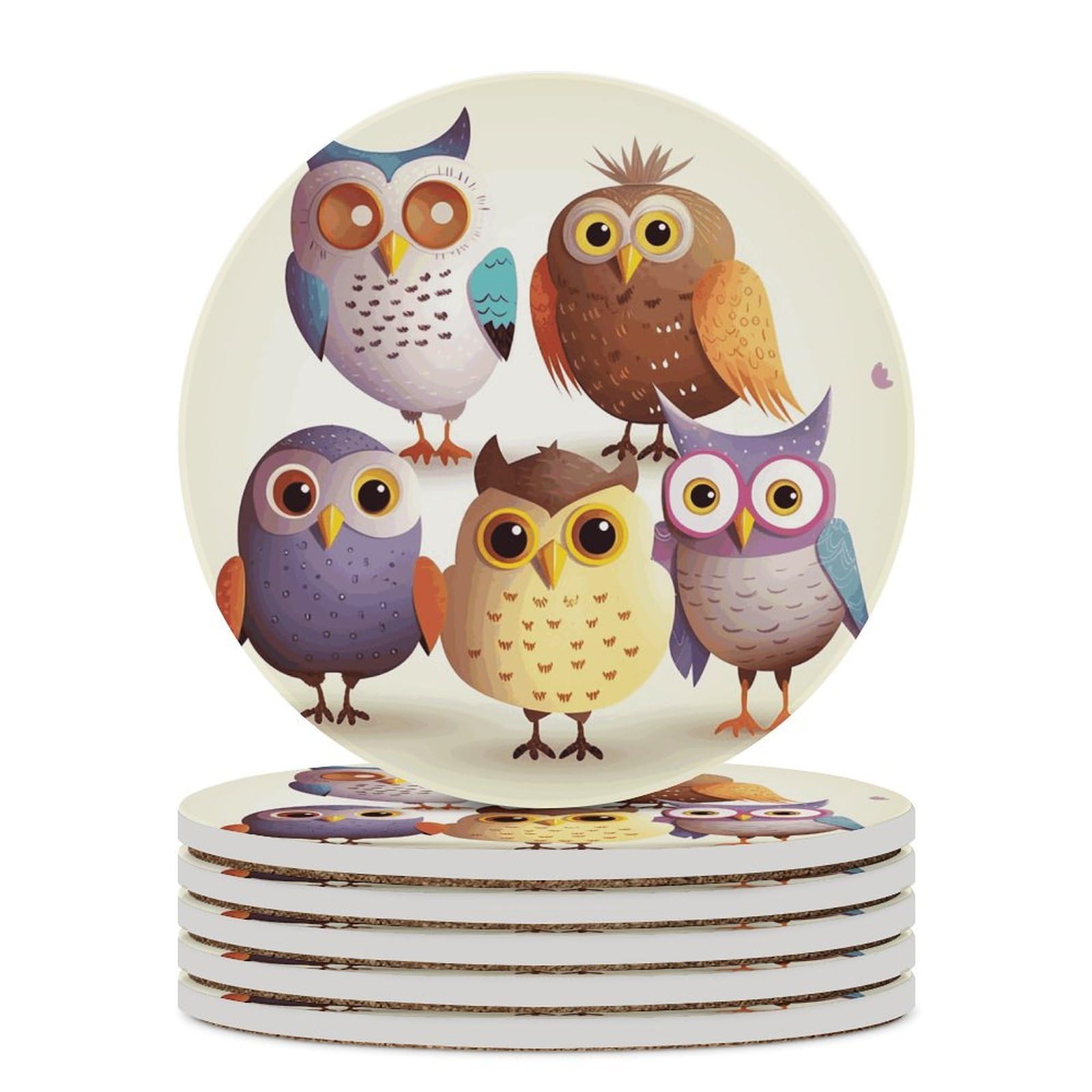 Owls Birds Coaster with Cork Base Drink Coasters for Coffee Table Decor Modern Cup Coasters with Non-Slip & Heat-Resistant Cute Ceramic Table Coaster for Home Dining