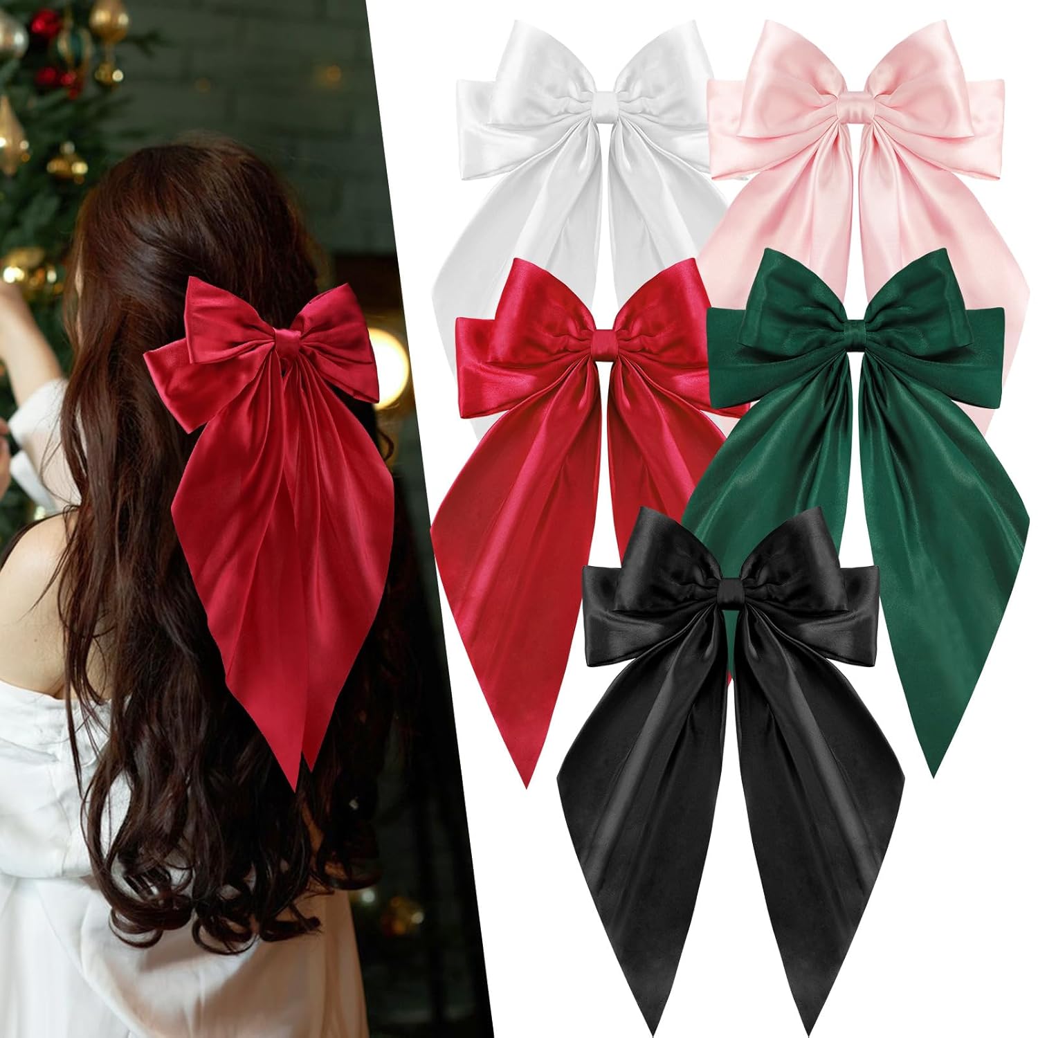 5 Pcs Satin Hair Bows - Big, Long Tail Ribbon Hair Bows in Red and Green for Christmas Red, Black, Green, White, Champagne Gold