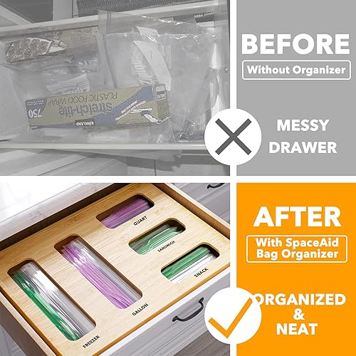 Miniatura 34 de SpaceAid Organizador de bolsas para cajón de cocina, bambú, apto galón, cuarto de galón, sándwiches y aperitivos, para bolsas de distintos tamaños