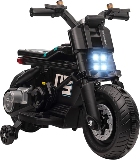 HOMCOM 6V Kids Electric Ride On Motorcycle Vehicle w/ Siren, Horn, Headlights, Music, Training Wheels, for Outdoor Play, Ages 3-5 Years - Black